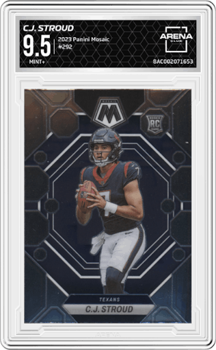 C.J. Stroud from the 2023 Panini Mosaic set graded by Arena Club and given an overall grade of 9.5.