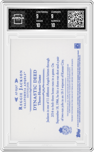 Reggie Jackson from the 2015 Topps Dynasty set graded by Arena Club and given an overall grade of 9.5.