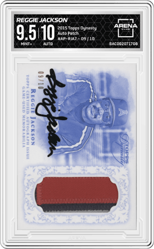 Reggie Jackson from the 2015 Topps Dynasty set graded by Arena Club and given an overall grade of 9.5.