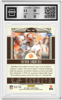 Trevor Lawrence from the 2021 Panini Legacy set featuring a Ruby parallel graded by Arena Club and given an overall grade of 10.