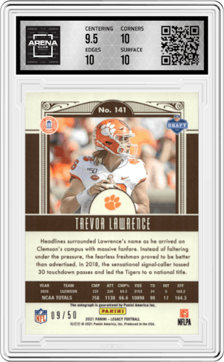 Trevor Lawrence from the 2021 Panini Legacy set featuring a Ruby parallel graded by Arena Club and given an overall grade of 10.