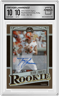Trevor Lawrence from the 2021 Panini Legacy set featuring a Ruby parallel graded by Arena Club and given an overall grade of 10.