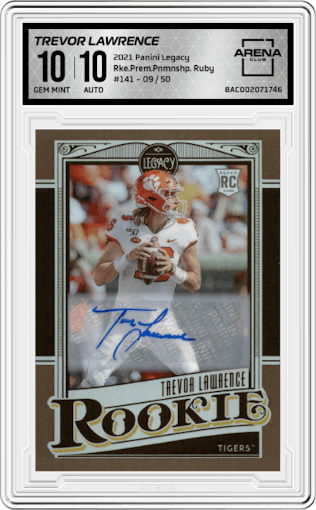 Trevor Lawrence from the 2021 Panini Legacy set featuring a Ruby parallel graded by Arena Club and given an overall grade of 10.