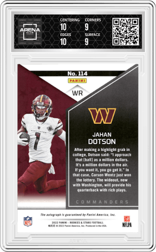 Jahan Dotson from the 2022 Panini Rookies & Stars set featuring a Platinum parallel graded by Arena Club and given an overall grade of 9.5.