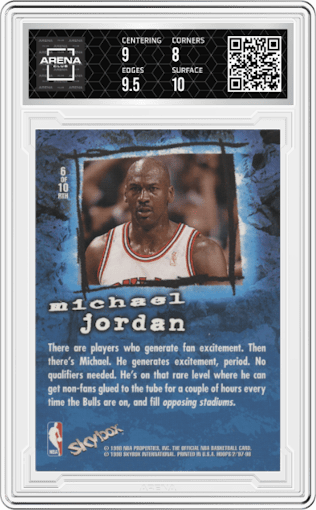 Michael Jordan from the 1997-98 NBA Hoops set graded by Arena Club and given an overall grade of 8.5.