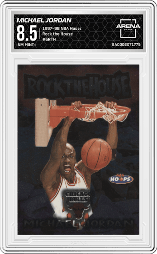 Michael Jordan from the 1997-98 NBA Hoops set graded by Arena Club and given an overall grade of 8.5.
