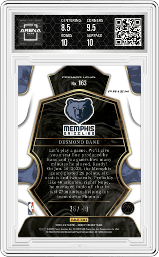 Desmond Bane from the 2022-23 Panini Select set featuring a Red Disco parallel graded by Arena Club and given an overall grade of 9.