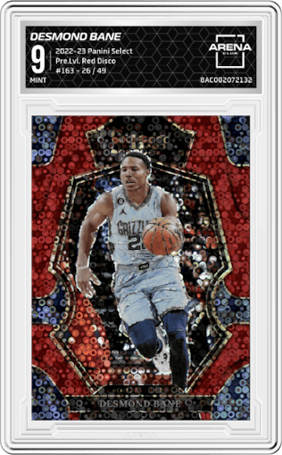 Desmond Bane from the 2022-23 Panini Select set featuring a Red Disco parallel graded by Arena Club and given an overall grade of 9.