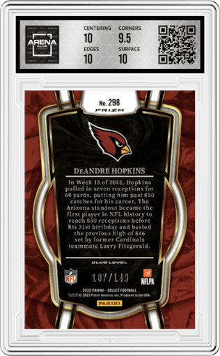 Deandre Hopkins from the 2022 Panini Select set featuring a Tri-Color Prizm parallel graded by Arena Club and given an overall grade of 10.
