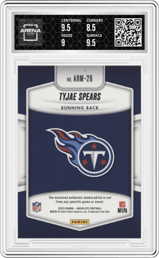 Tyjae Spears from the 2023 Panini Absolute set graded by Arena Club and given an overall grade of 9.