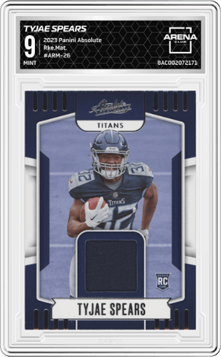 Tyjae Spears from the 2023 Panini Absolute set graded by Arena Club and given an overall grade of 9.