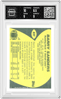 Barry Sanders from the 1989 Topps Traded set graded by Arena Club and given an overall grade of 9.