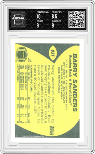 Barry Sanders from the 1989 Topps Traded set graded by Arena Club and given an overall grade of 9.