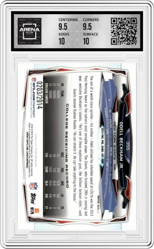 Odell Beckham Jr. from the 2014 Topps set featuring a Gold Border parallel graded by Arena Club and given an overall grade of 10.