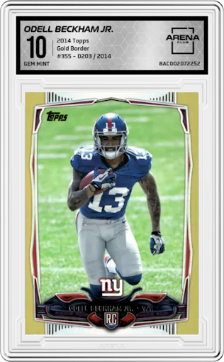 Odell Beckham Jr. from the 2014 Topps set featuring a Gold Border parallel graded by Arena Club and given an overall grade of 10.