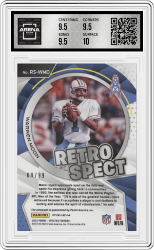 Warren Moon from the 2022 Panini Spectra set featuring a Celestial parallel graded by Arena Club and given an overall grade of 10.