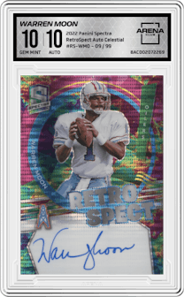 Warren Moon from the 2022 Panini Spectra set featuring a Celestial parallel graded by Arena Club and given an overall grade of 10.