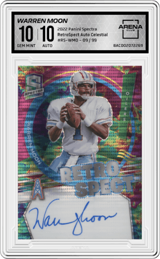 Warren Moon from the 2022 Panini Spectra set featuring a Celestial parallel graded by Arena Club and given an overall grade of 10.