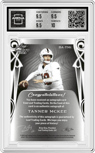 Tanner McKee from the 2023 Leaf Trinity set featuring a Silver parallel graded by Arena Club and given an overall grade of 10.