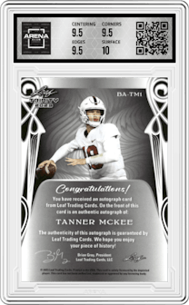 Tanner McKee from the 2023 Leaf Trinity set featuring a Silver parallel graded by Arena Club and given an overall grade of 10.
