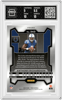Anthony Richardson from the 2023 Panini Prizm set featuring a Silver Prizm parallel graded by Arena Club and given an overall grade of 9.5.