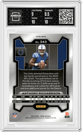 Anthony Richardson from the 2023 Panini Prizm set featuring a Silver Prizm parallel graded by Arena Club and given an overall grade of 9.5.