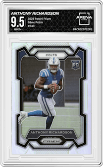 Anthony Richardson from the 2023 Panini Prizm set featuring a Silver Prizm parallel graded by Arena Club and given an overall grade of 9.5.