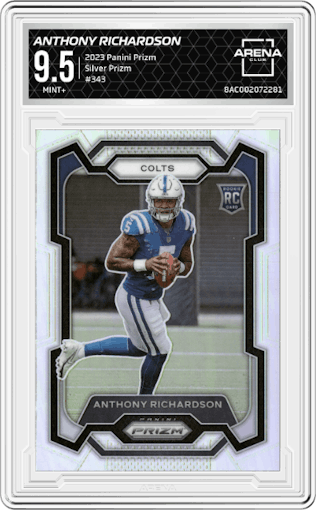 Anthony Richardson from the 2023 Panini Prizm set featuring a Silver Prizm parallel graded by Arena Club and given an overall grade of 9.5.