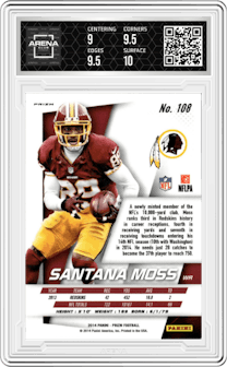 Santana Moss from the 2014 Panini Prizm set featuring a Panini Red/Gold  parallel graded by Arena Club and given an overall grade of 9.5.