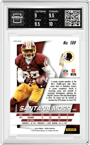Santana Moss from the 2014 Panini Prizm set featuring a Panini Red/Gold  parallel graded by Arena Club and given an overall grade of 9.5.