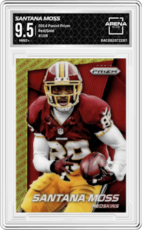 Santana Moss from the 2014 Panini Prizm set featuring a Panini Red/Gold  parallel graded by Arena Club and given an overall grade of 9.5.