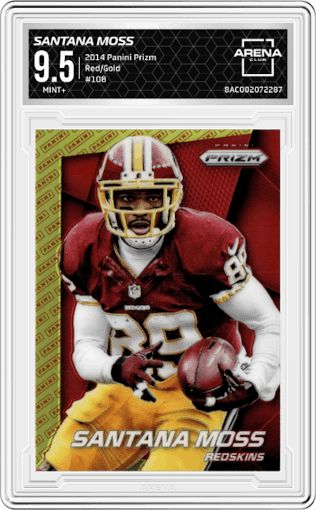 Santana Moss from the 2014 Panini Prizm set featuring a Panini Red/Gold  parallel graded by Arena Club and given an overall grade of 9.5.