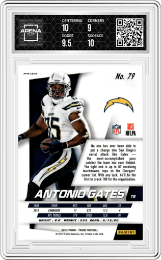 Antonio Gates from the 2014 Panini Prizm set featuring a Panini Red/Gold  parallel graded by Arena Club and given an overall grade of 9.5.
