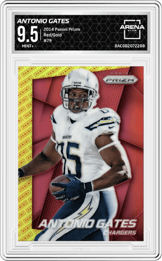 Antonio Gates from the 2014 Panini Prizm set featuring a Panini Red/Gold  parallel graded by Arena Club and given an overall grade of 9.5.