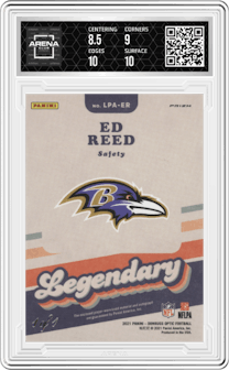 Ed Reed from the 2021 Panini Donruss Optic set featuring a Gold Vinyl parallel graded by Arena Club and given an overall grade of 9.
