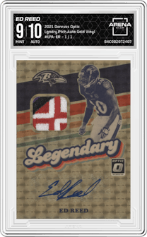 Ed Reed from the 2021 Panini Donruss Optic set featuring a Gold Vinyl parallel graded by Arena Club and given an overall grade of 9.