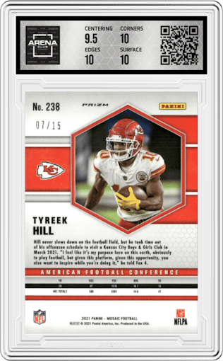 Tyreek Hill from the 2021 Panini Mosaic set featuring a Blue Fluorescent parallel graded by Arena Club and given an overall grade of 10.