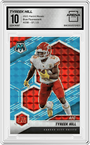 Tyreek Hill from the 2021 Panini Mosaic set featuring a Blue Fluorescent parallel graded by Arena Club and given an overall grade of 10.