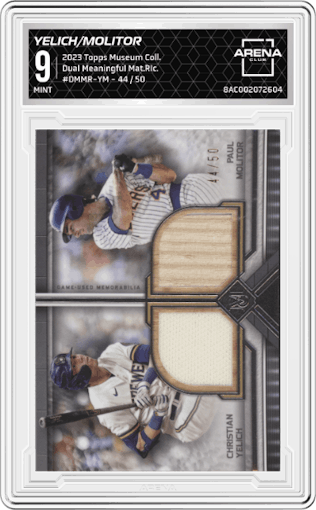Christian Yelich/Paul Molitor from the 2023 Topps Museum Collection set graded by Arena Club and given an overall grade of 9.