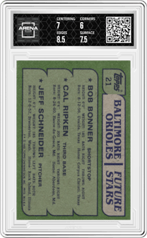 Bob Bonner/Cal Ripken/Jeff Schneider  from the 1982 Topps set graded by Arena Club and given an overall grade of 6.5.