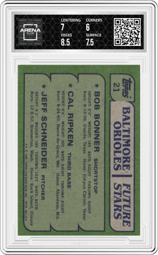 Bob Bonner/Cal Ripken/Jeff Schneider  from the 1982 Topps set graded by Arena Club and given an overall grade of 6.5.