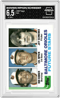 Bob Bonner/Cal Ripken/Jeff Schneider  from the 1982 Topps set graded by Arena Club and given an overall grade of 6.5.