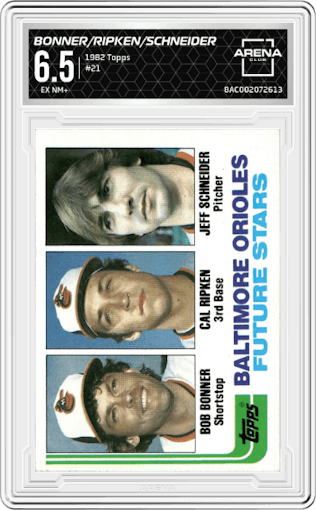 Bob Bonner/Cal Ripken/Jeff Schneider  from the 1982 Topps set graded by Arena Club and given an overall grade of 6.5.