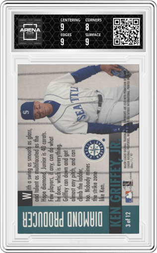 Ken Griffey Jr. from the 1997 Fleer Ultra set graded by Arena Club and given an overall grade of 8.5.