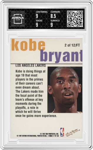 Kobe Bryant from the 1997-98 Skybox Z-Force set graded by Arena Club and given an overall grade of 9.