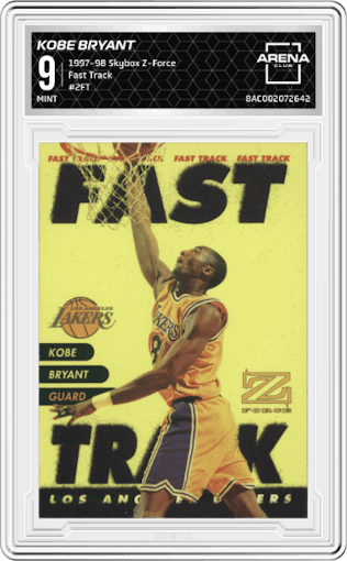 Kobe Bryant from the 1997-98 Skybox Z-Force set graded by Arena Club and given an overall grade of 9.