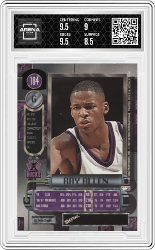 Ray Allen from the 1997-98 Skybox Metal Universe set graded by Arena Club and given an overall grade of 9.