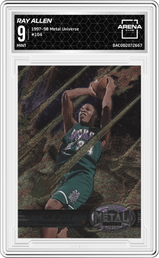 Ray Allen from the 1997-98 Skybox Metal Universe set graded by Arena Club and given an overall grade of 9.