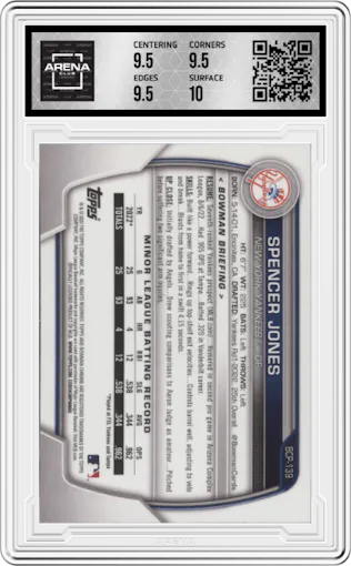 Spencer Jones from the 2023 Bowman  set graded by Arena Club and given an overall grade of 10.