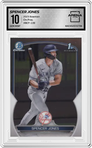 Spencer Jones from the 2023 Bowman  set graded by Arena Club and given an overall grade of 10.